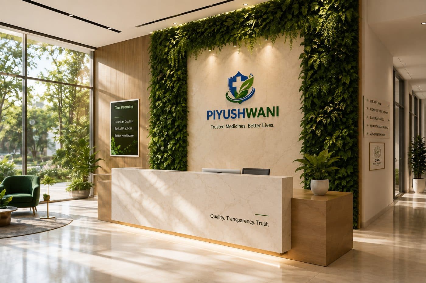 Piyushwani corporate reception with brand signage and greenery