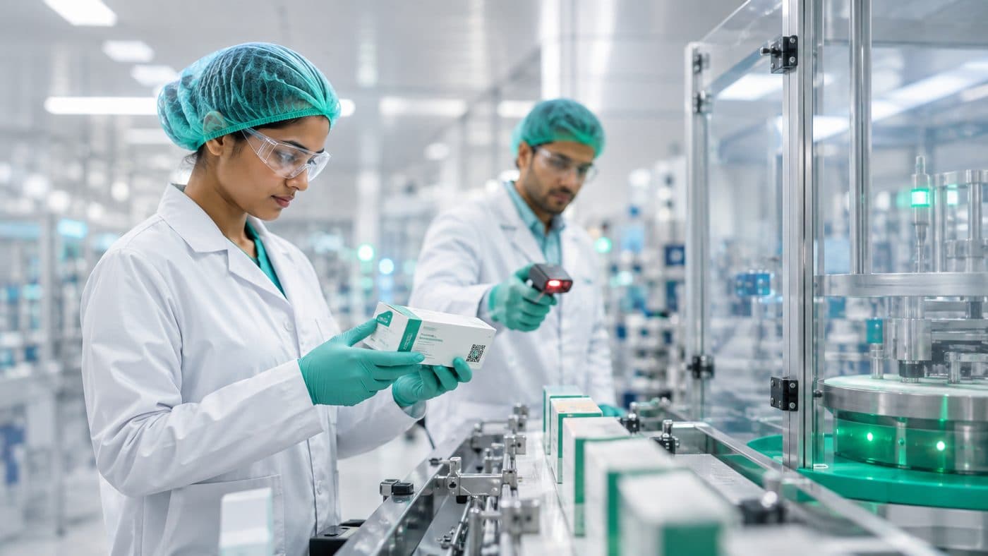 Piyushwani scientists inspecting medicine packaging and QR verification on the production line