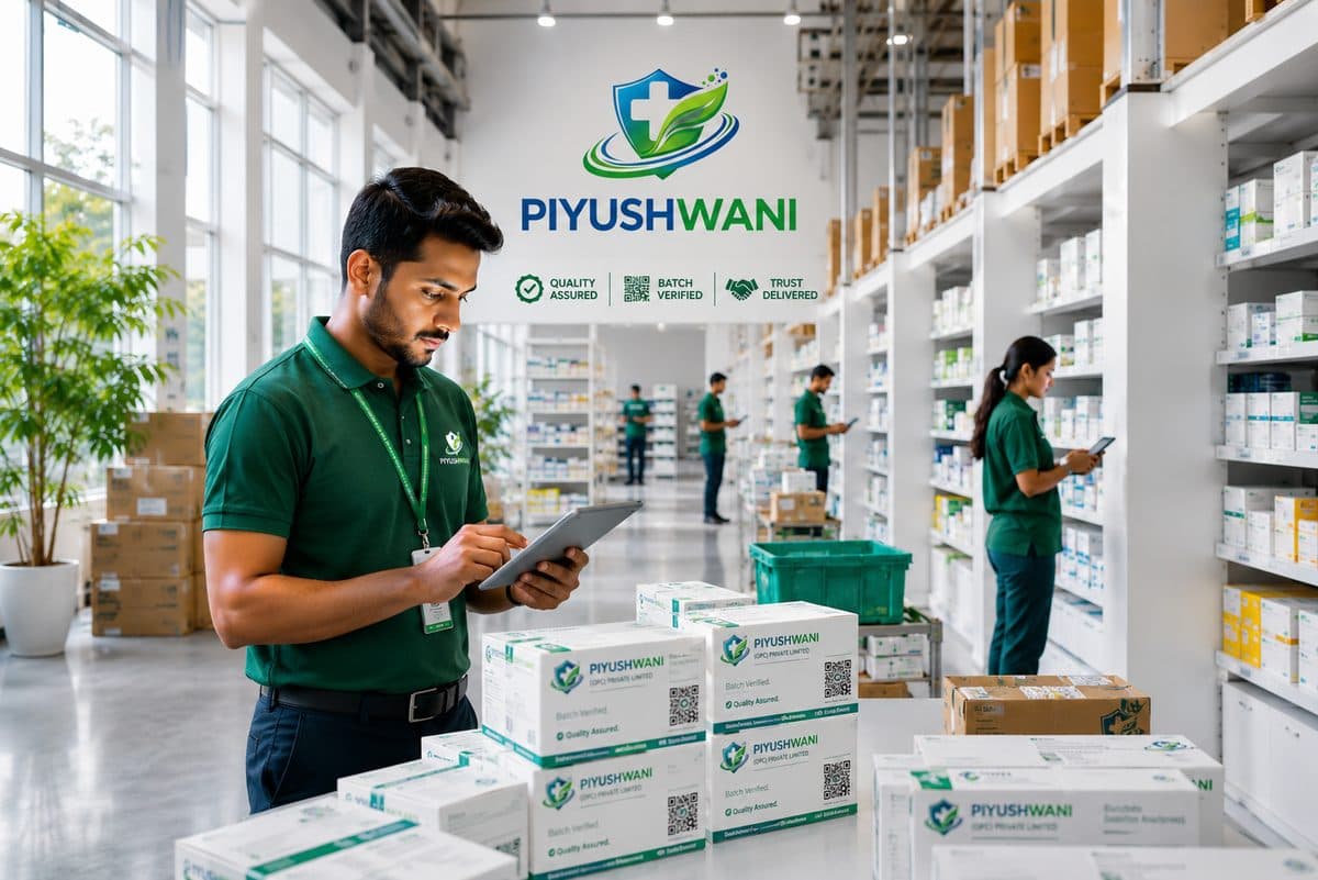 Piyushwani warehouse team verifying pharmaceutical inventory on tablets