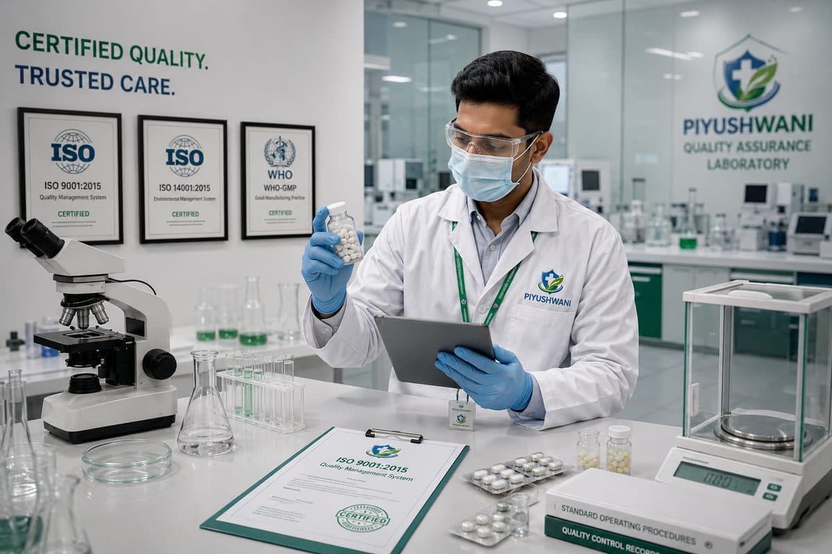 Piyushwani quality assurance laboratory with ISO and WHO-GMP certifications on display