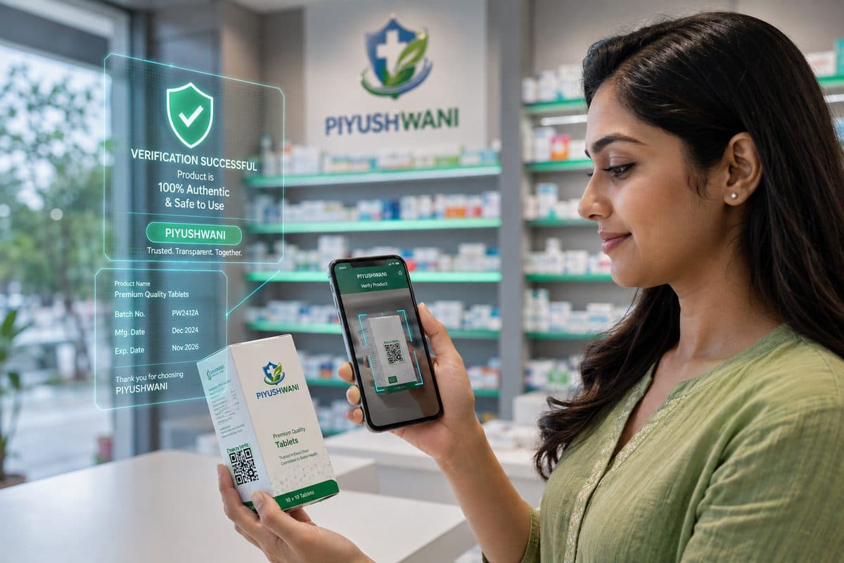 Customer scanning a Piyushwani pack QR code, showing a successful authenticity verification